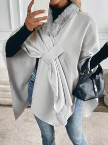 SHEIN Clasi Loose Sweater Coat With Fur Collar Cape Poncho