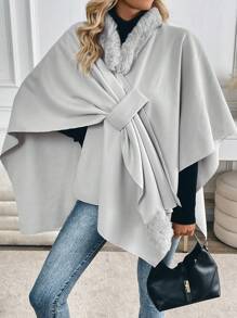 SHEIN Clasi Loose Sweater Coat With Fur Collar Cape Poncho