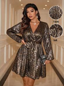 Allurite Vestido elegante de manga farol con cuello en V cruzado y estampado de leopardo para mujer de talla grande, vestido de fiesta - Multicolor - Ver 1