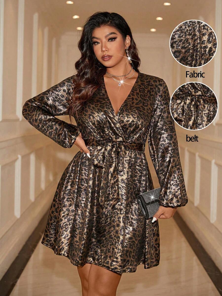 Allurite Vestido elegante de manga farol con cuello en V cruzado y estampado de leopardo para mujer de talla grande, vestido de fiesta - Multicolor - Ver 1