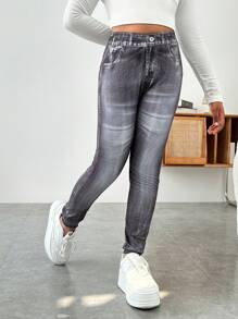SHEIN Leggings estampados con efecto de denim elástico para niñas preadolescentes