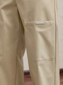 AKNOTIC Business Casual Men Loose Fit Woven PU Fabric Mid-Waist Long Straight Casual Khaki Pants, With Metal Buckle And Letter Metal Decor, Large Pockets - Apricot - View 4