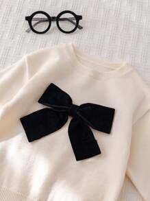Cozy Pixies Baby Girl Colorblock Bow Decor Round Neck Dolman Sweater, Casual & Versatile For Autumn/Winter - Multicolor - View 9