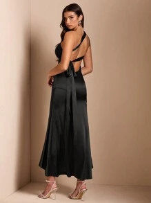 SHEIN BAE Elegant Women's Backless Sexy Maxi Cocktail Dress With Train, Suitable For Nightclub, Party, Date, Outing, Autumn