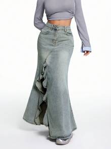 SHEIN EZwear Damen Jeans Rock mit hohem Schlitz und gerüschtem Saum, A-Linie Rock, Halloween Kleidung, Kreuzfahrt Damen Outfits, Halloween Kleidung, Halloween Damen Röcke, Business Lässig Damen, Homecoming kurzer Rock, Herbst Röcke, Winterkleidung für Damen, Cottage Core, Rüsche Röcke, Renaissance, Herbst Damen Röcke, asymmetrische Röcke, Blau - Dunkle Waschung - Übersicht 1