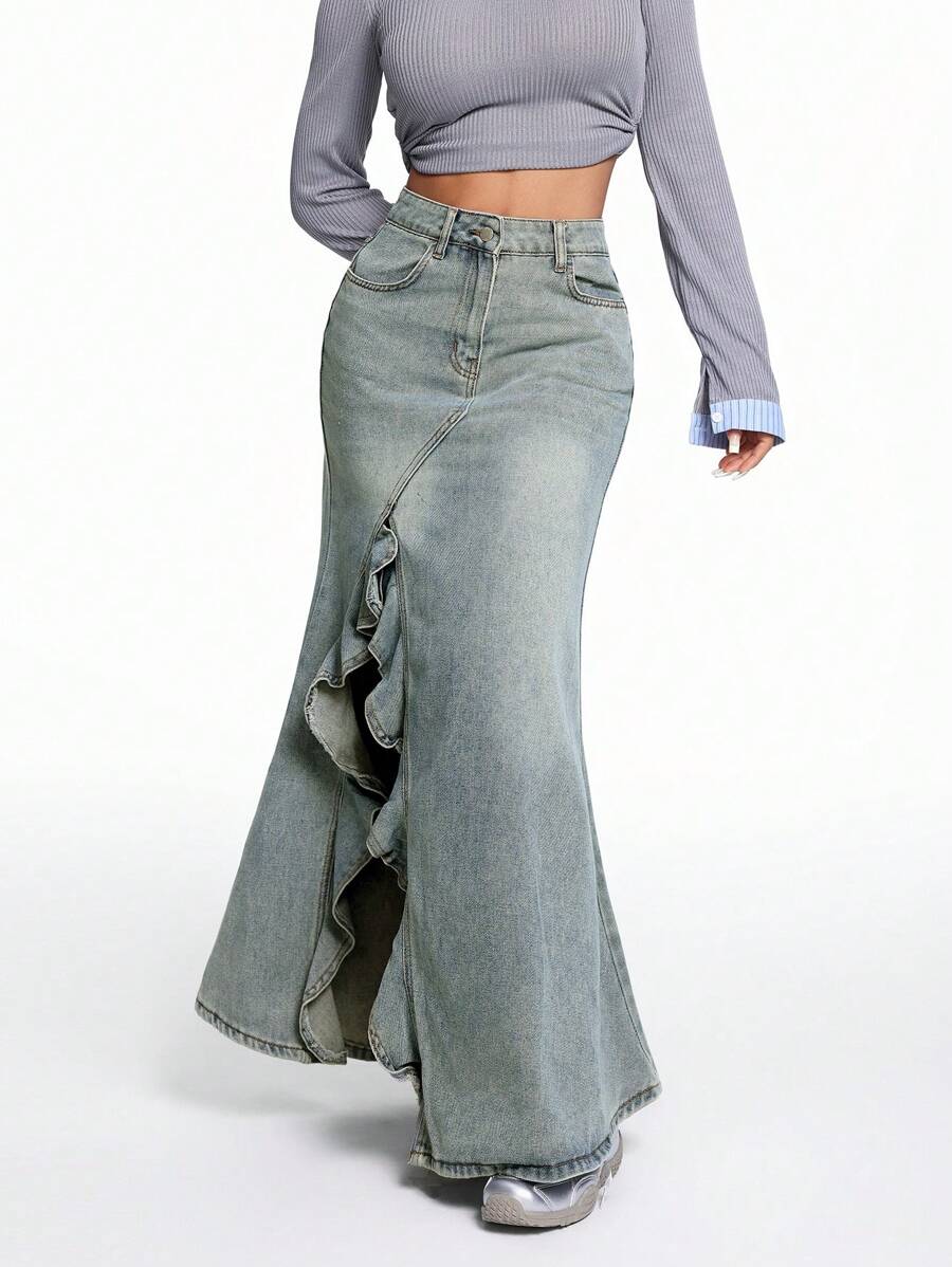 SHEIN EZwear Damen Jeans Rock mit hohem Schlitz und gerüschtem Saum, A-Linie Rock, Halloween Kleidung, Kreuzfahrt Damen Outfits, Halloween Kleidung, Halloween Damen Röcke, Business Lässig Damen, Homecoming kurzer Rock, Herbst Röcke, Winterkleidung für Damen, Cottage Core, Rüsche Röcke, Renaissance, Herbst Damen Röcke, asymmetrische Röcke, Blau - Dunkle Waschung - Übersicht 1