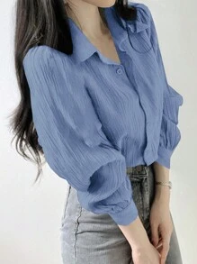 DAZY 女式褶皱纯色翻领宽松衬衫，浅蓝色，春夏秋季，返校服，秋季女装长袖上衣 - 淺藍色 - 查看 5