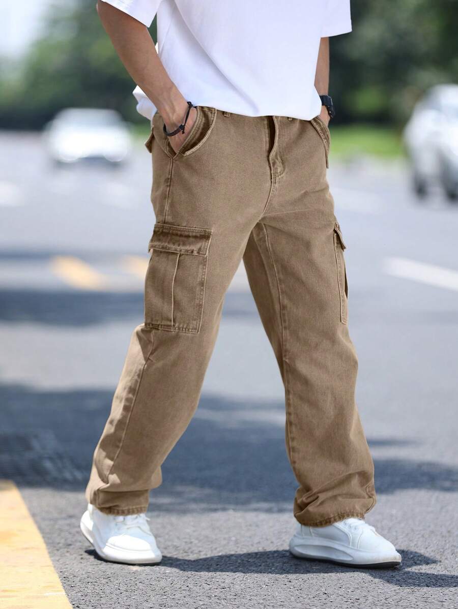 Manfinity Homme 男式休闲宽松直筒工装牛仔裤，带翻盖口袋 - 卡其色 - 查看 1