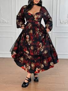 Flirla Đầm Maxi Tay Dài In Lưới Đen Co Giãn 4 Chiều Phong Cách Gothic Cổ Điển Thanh Lịch Cho Nữ - màu đen - Xem 3