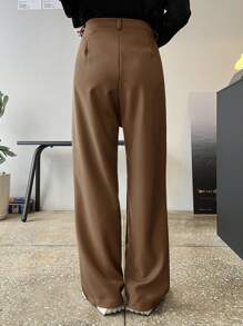DAZY 女士商务休闲纯色前拉链阔腿裤 - 咖啡棕 - 查看 2
