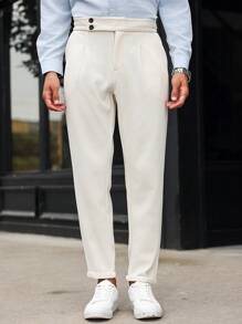 Manfinity Bizformal Pantalones de vestir lisos y con diseño sencillo para hombre con cierre de cremallera y pierna entallada plisada, pantalones de vestir de moda con silueta entallada, para regalos a esposo o novio