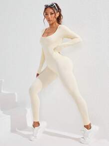 SHEIN Yoga Basic Women Square Neck Long Sleeve Solid Color Sports Jumpsuit