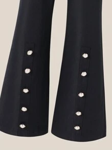 SHEIN Celana Panjang Model Flare Kasual Warna Polos dengan Hiasan Kancing untuk Remaja Perempuan - Hitam - View 3