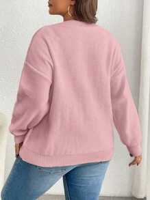 Calvaya Plus Size Solid Color Round Neck Cable Knit Casual Pullover Sweater, For Winter Knit Pullover Fall - Pink - View 2