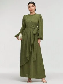 Veilorie Đầm tay đèn lồng buộc dây màu trơn dành cho nữ kín đáo - màu xanh lá - Xem 8