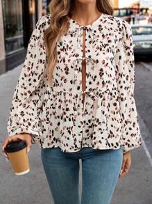 SHEIN Clasi 1 pièce Blouse à manches longues pour femme, col à nœud papillon, ourlet à volants, fermeture devant, couleur unie, élégante
