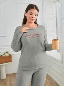 EURMUSE 100% Cotton 2Pcs Plus Size Injection Slogan Printed With Contrast Stitching Detail PJ Set - Grey - View 4