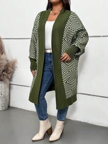 SHEIN LUNE 女士 V 领纯色长款毛衣连衣裙商务休闲女士、度假装、乡村上衣 - 軍綠色 - 查看 4