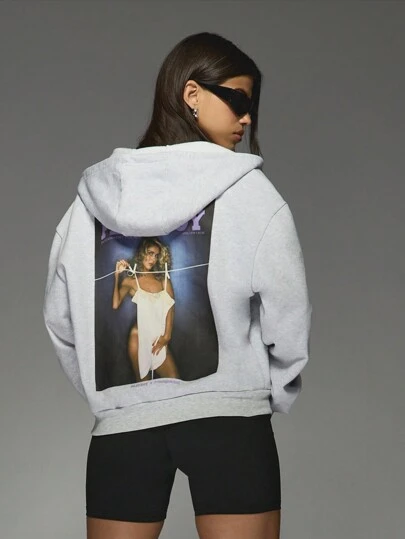 Missguided x Playboy 全拉链超大复古杂志印花连帽衫街头服饰冬季家居服休闲运动运动衫 Y2K 美学都市时尚