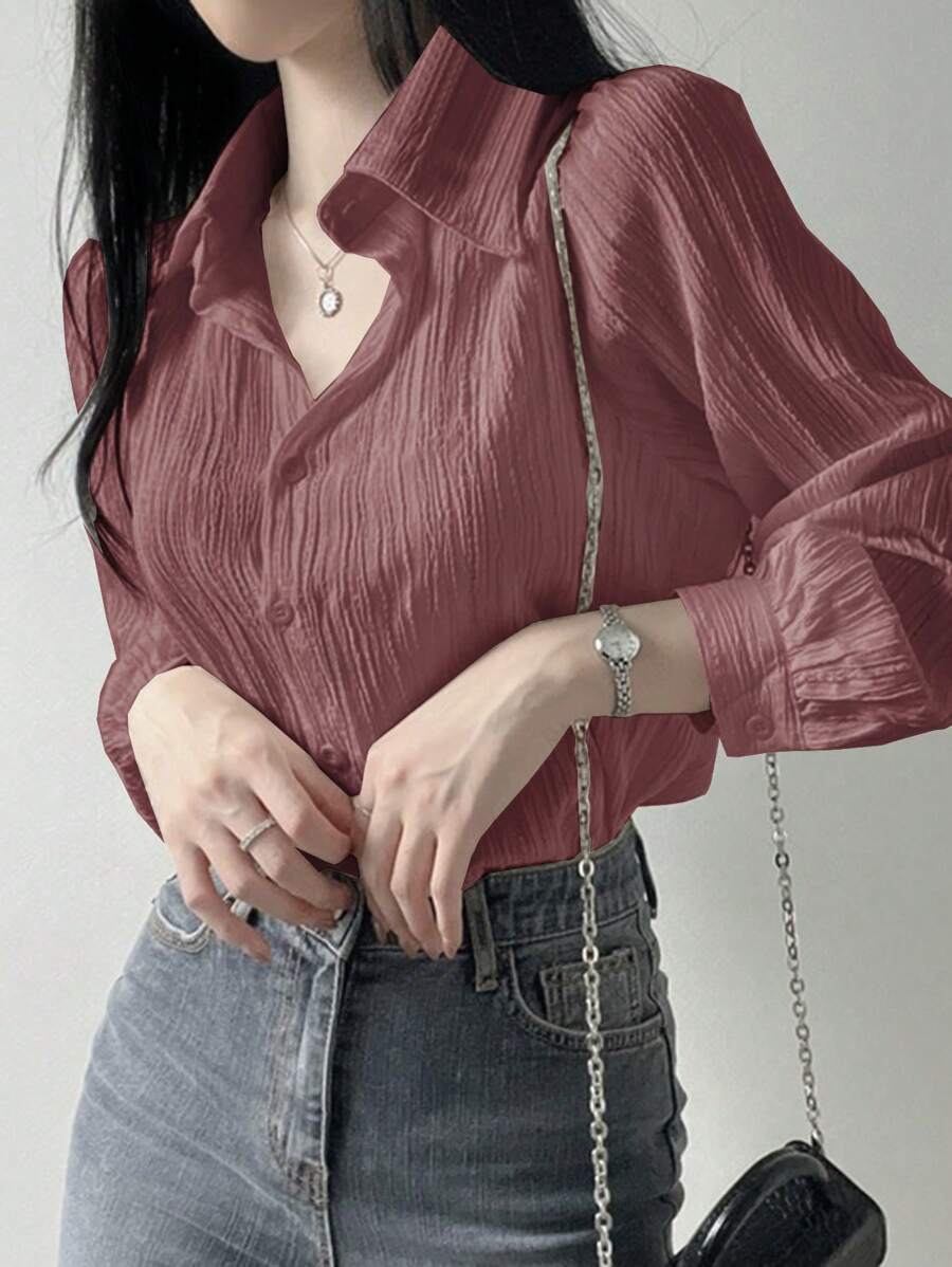 DAZY 女式褶皱纯色宽松翻领衬衫，粉色，春夏秋季，返校服，秋季女装长袖上衣 - 藕粉色 - 查看 1