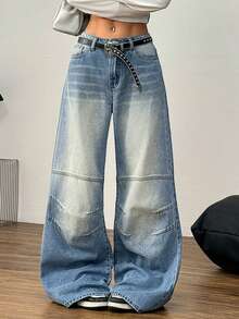 SHEIN EZwear Quần Jeans Ống Rộng Lưng Thấp Thời Trang Đường Phố Thường Ngày Cho Nữ, Màu Xanh - Rửa nhẹ - Xem 4