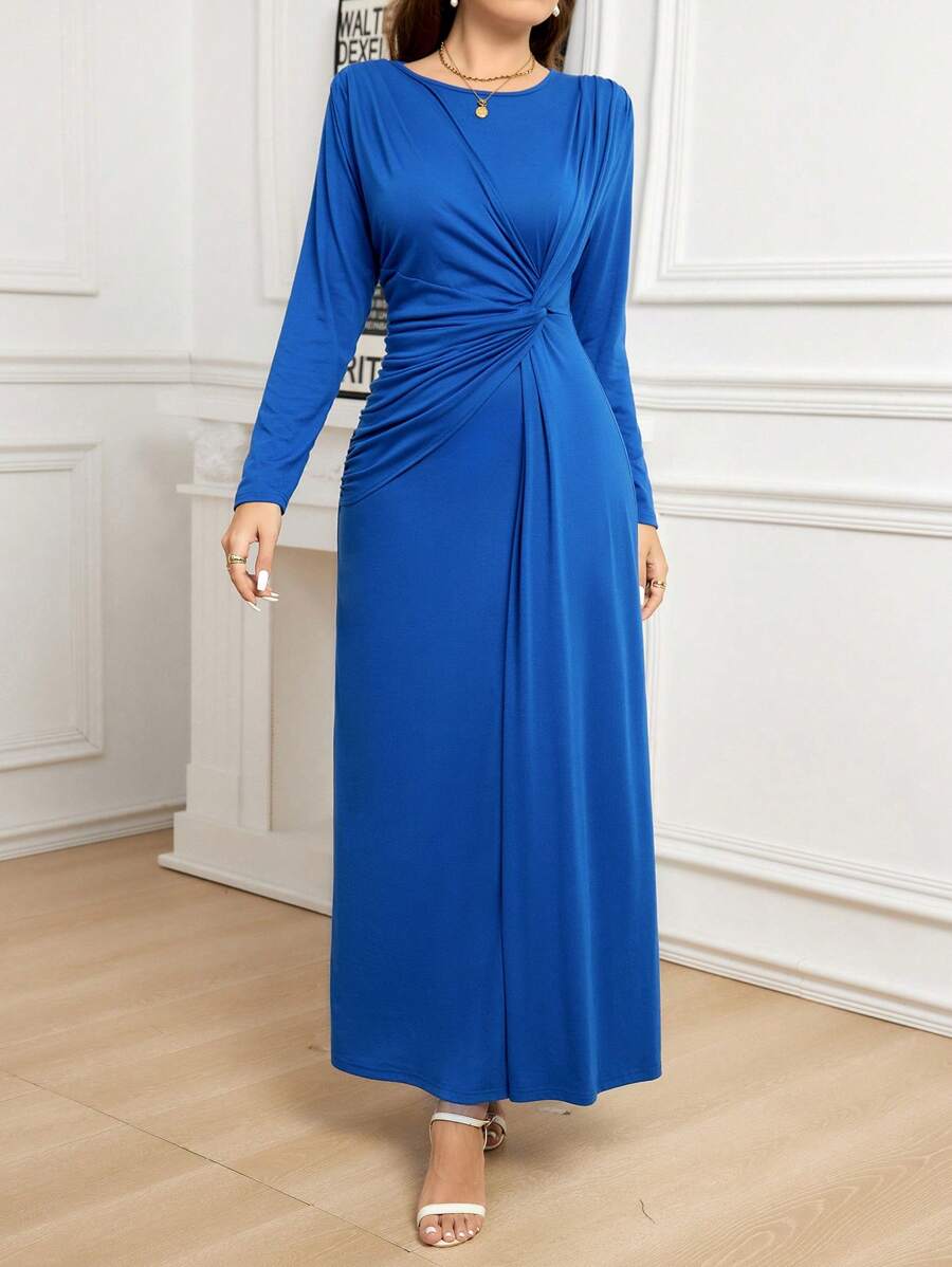 SHEIN Clasi Women's Solid Color Long Sleeve Twist Minimalist Casual Fitted High Waist Floor Length Dress
