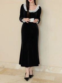 EastFlair Fall Winter Women's Lace Trim Velvet Elegant Black Long Sleeve Dress,For Party And Date, Holiday Dress,Christmas Party Dress,