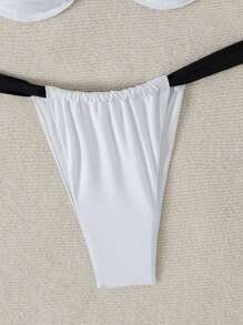 Bộ 2 món/Bộ đồ bơi phối màu đen trắng gọng thép cho nữ, gồm áo bikini và quần bikini tam giác màu tương phản, đi biển mùa hè - Đen và trắng - Xem 3