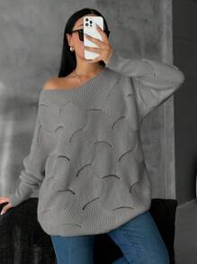 EURMUSE Plus Size Solid V-Neck Hollow Out Casual Pullover Sweater - Grey - View 5