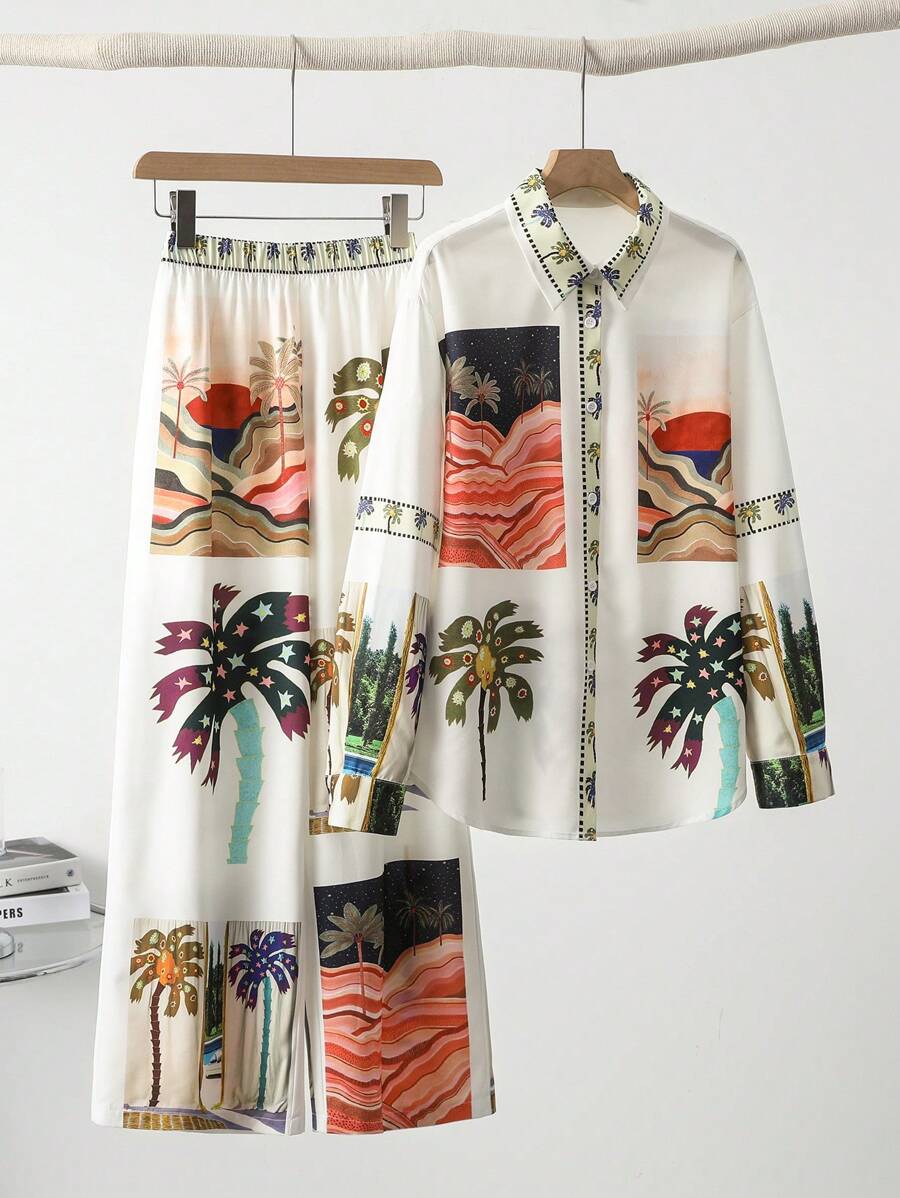 EMERY ROSE 2 Stücke Damen lässiges Urlaubsoutfit aus Hemd mit Knöpfen vorne und Hose, Herbst - Verschiedenfarbig - Übersicht 1