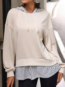 Tropiluxe New Autumn Fashionable Casual Striped Loose 2 In 1 Hooded Long Sleeve Sweatshirt For Women Sportwear For Daily Wear
