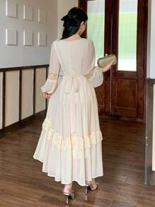 DAZY 女士宫廷风纯色荷叶边长袖连衣裙，新年舞会礼服，秋季优雅女士连衣裙长款连衣裙 - 米色 - 查看 7