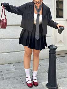 Flirla Plus Size Suit Collar Placket Pleated Skirt 2 Pieces Set Workwear & Date Outfit, Black Fall Cloth For Women - Black - View 5