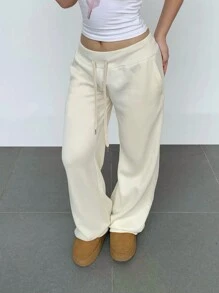 SHEIN BASICS Women's Casual Solid Color Woven Low Waist Straight Pants, Cozy Chic, Daily Commute, Warm Comfort, Thermal Treats - Apricot - View 5