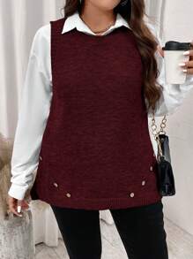 EMERY ROSE Plus Size Casual Solid Solid Color Pullover Mouwloos Knoopdetail Achterkant Trekkoord Los Hoog Laag Sweater Vest Herfst Dames Sweater Vesten,Western Dameskleding,Winter Sweater Vesten