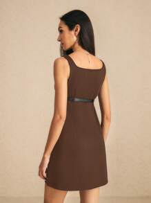 Poéselle Women's Sleeveless Mini Dress,Coffee Brown Summer Effortless Chic Brunch Outfit With Under-Bust Belt & Side Pockets,Chic Street Style Daily Piece - Brown - View 4