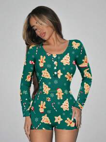 SHEIN SXY 休闲简约全身圣诞印花女式连体裤绿色圣诞套装姜饼人圣诞树糖果雪花可爱全身印花圣诞衣服圣诞女装圣诞服装 - 彩色 - 查看 5