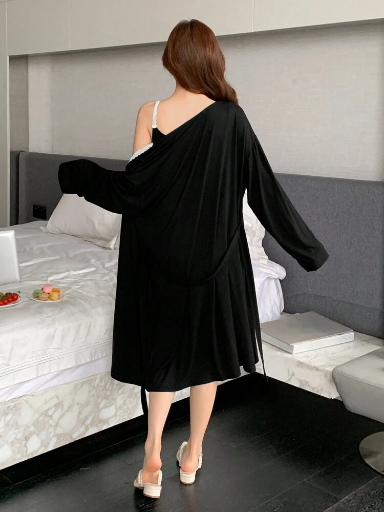 1set Women Two-Tone Lace Patchwork Cami Dress And Robe Sleepwear Set Pajama
