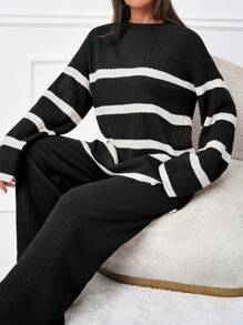 SHEIN Tall Women's Striped Drop Shoulder Sweater Two Piece Set - Black and White - View 5