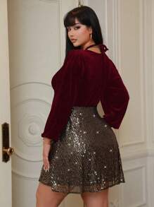 Allurite Elegant Kleid in Große Größen mit V-Ausschnitt, Langarm, Schleife vorne, Samt und Pailletten Applikationen, perfekt für Neujahrskleidung