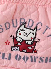 年轻女孩加厚连帽抽绳加厚外套，温暖绗缝风衣，带有可爱的刺绣招财猫，秋冬 - 粉色 - 查看 3