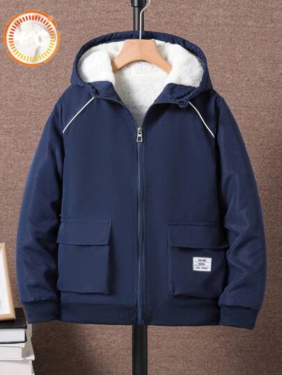 SHEIN Vacaura 青少年男孩冬季休闲保暖保暖内衬拉链连帽夹克