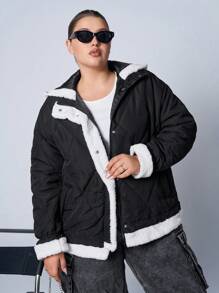 SHEIN EZwear Sudadera con capucha casual de manga larga con botones y panel frontal de piel sintética para talla grande
