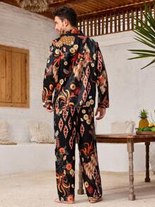 Manfinity ChillVibe Conjunto de pijama con blusa de manga larga y pantalones con botones delanteros y estampado floral