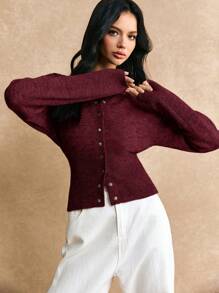 Poéselle 短款修身前扣纯色长袖简约休闲针织开衫、毛衣、短款女式毛衣、女式毛衣、针织毛衣、冬季女装、秋季女装、FW24