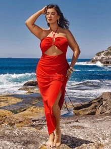 SHEIN VCAY 圣诞连衣裙 度假服 女士生日连衣裙 节日派对连衣裙 跨年连衣裙 端庄连衣裙 约会夜连衣裙 针织连衣裙 新年连衣裙 - 紅色 - 查看 2