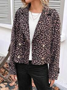 SHEIN LUNE Lässiger kurzer Trenchcoat für Damen im Militär-Stil mit Leopard Muster, geeignet für Flughafen, Büro, Lehrerin-Uniform im Winter - Braun - Übersicht 4