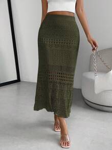 Almamuse Saia suéter feminina clássica cor sólida vazada malha elegante linha A