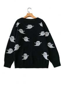 SHEIN LUNE 大码万圣节 V 领鬼魂图案休闲套头衫