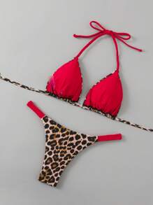 Swim Vcay 2025 New Women 2pcs/Set Leopard & Red Color Bikini Swimwear Set Summer